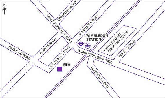 A map showing the route from Wimbledon Station to MBA offices
