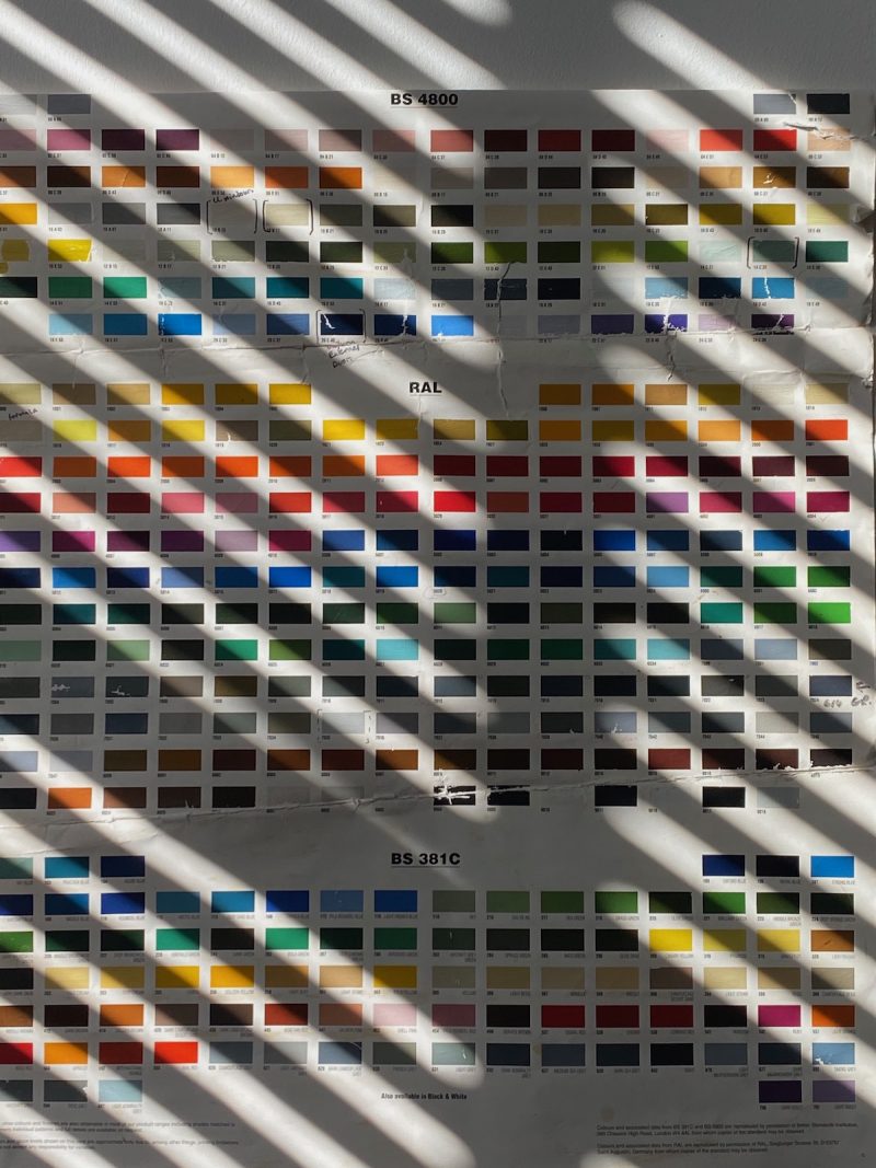 To show colours in light and shade, pattern of blinds diagonally crossing a colour chart